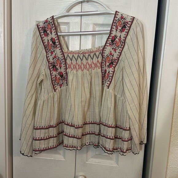 Altar'd State Women's Striped Embroidered 3/4 Sleeve Peasant Blouse Ecru Medium - Picture 1 of 9